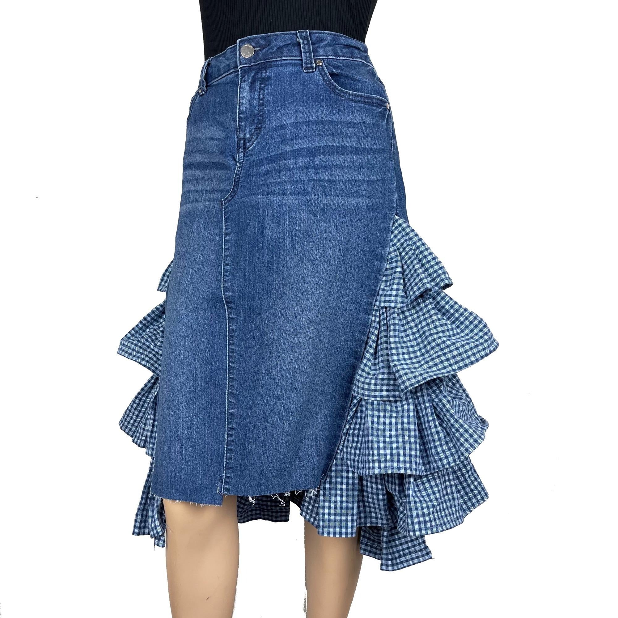 Refashioned Denim Ruffle Skirt Women's 10