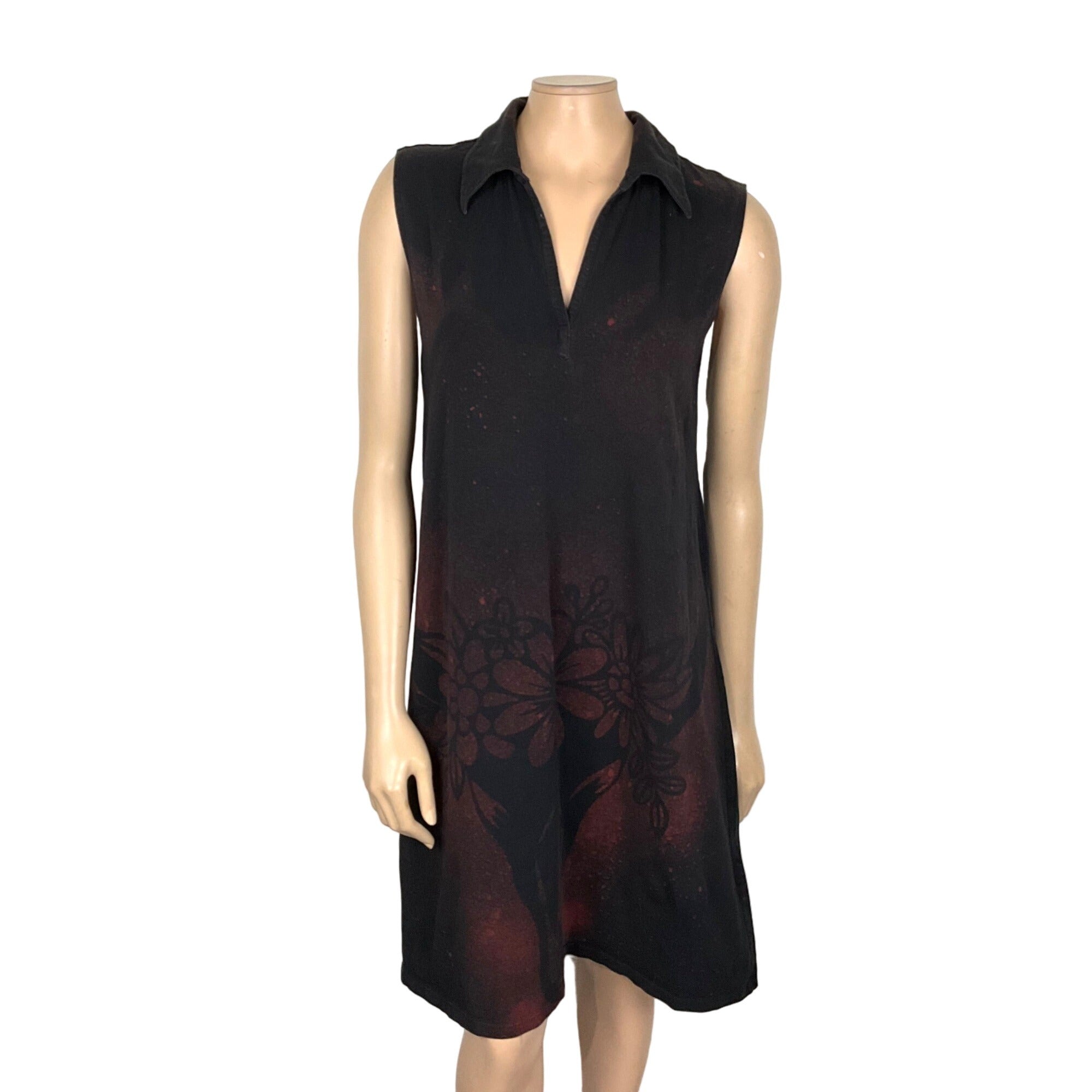 Refashioned Black Bleach Dyed Skull and Flower Crown Dress Women's XL