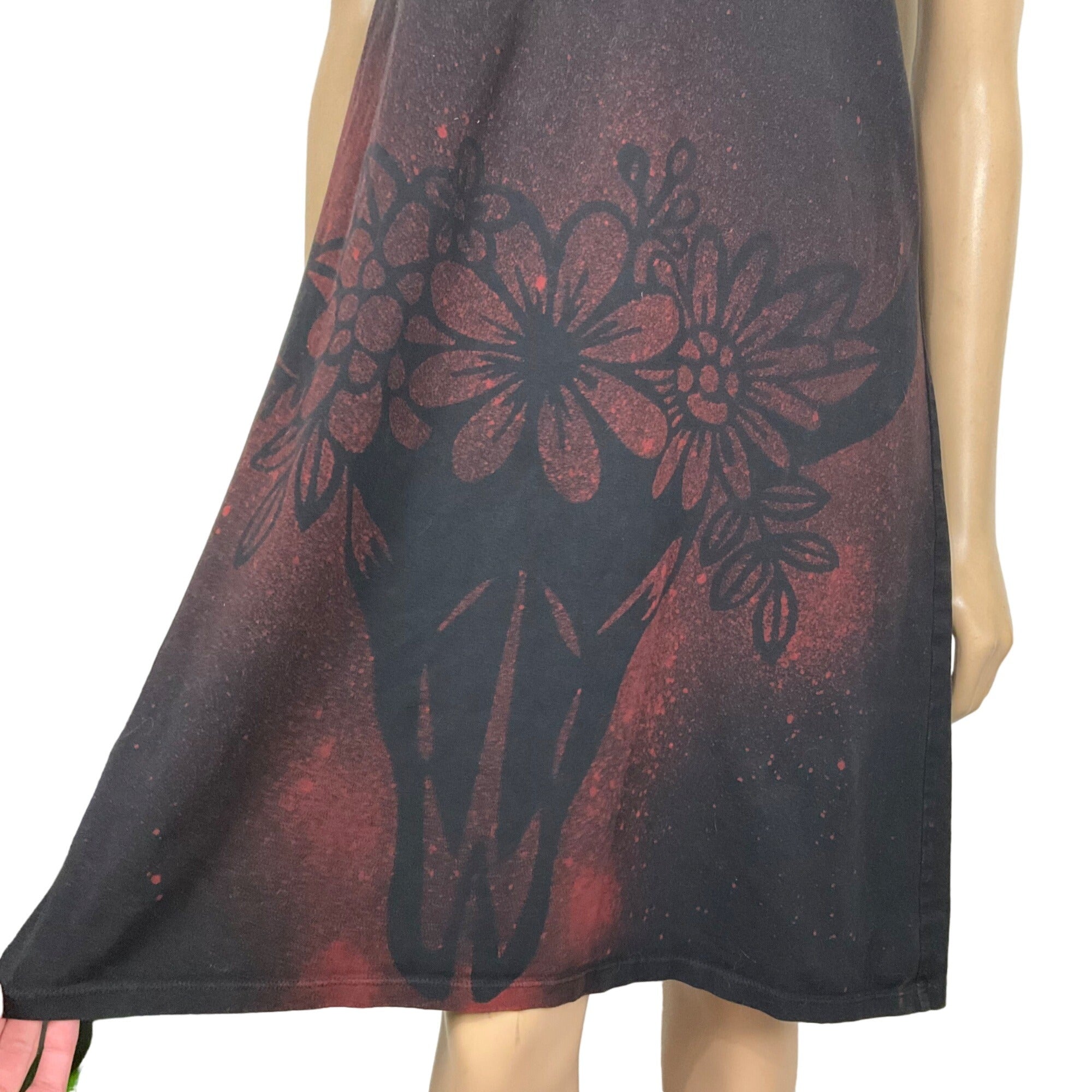Refashioned Black Bleach Dyed Skull and Flower Crown Dress Women's XL