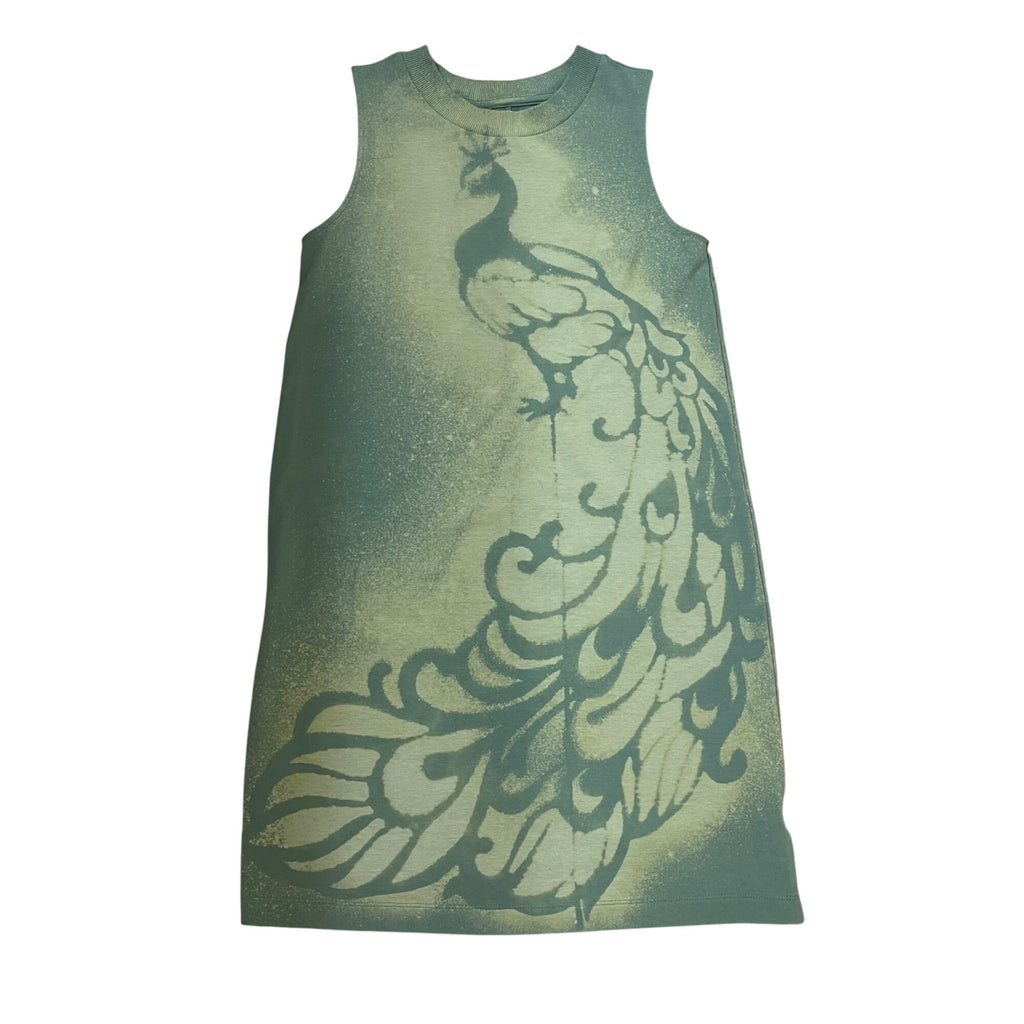 Green Bleach Painted Peacock A Line Dress Women's XS