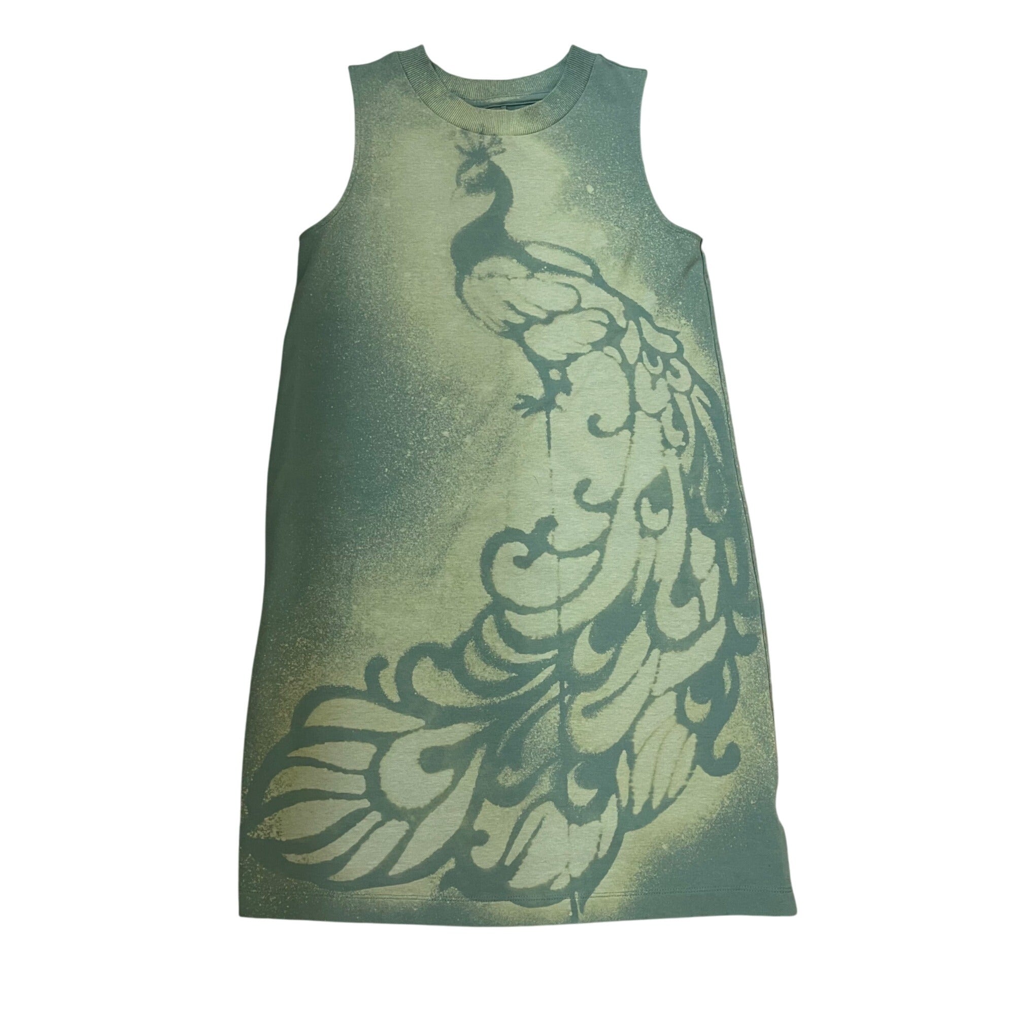 Green Bleach Painted Peacock A Line Dress Women's XS