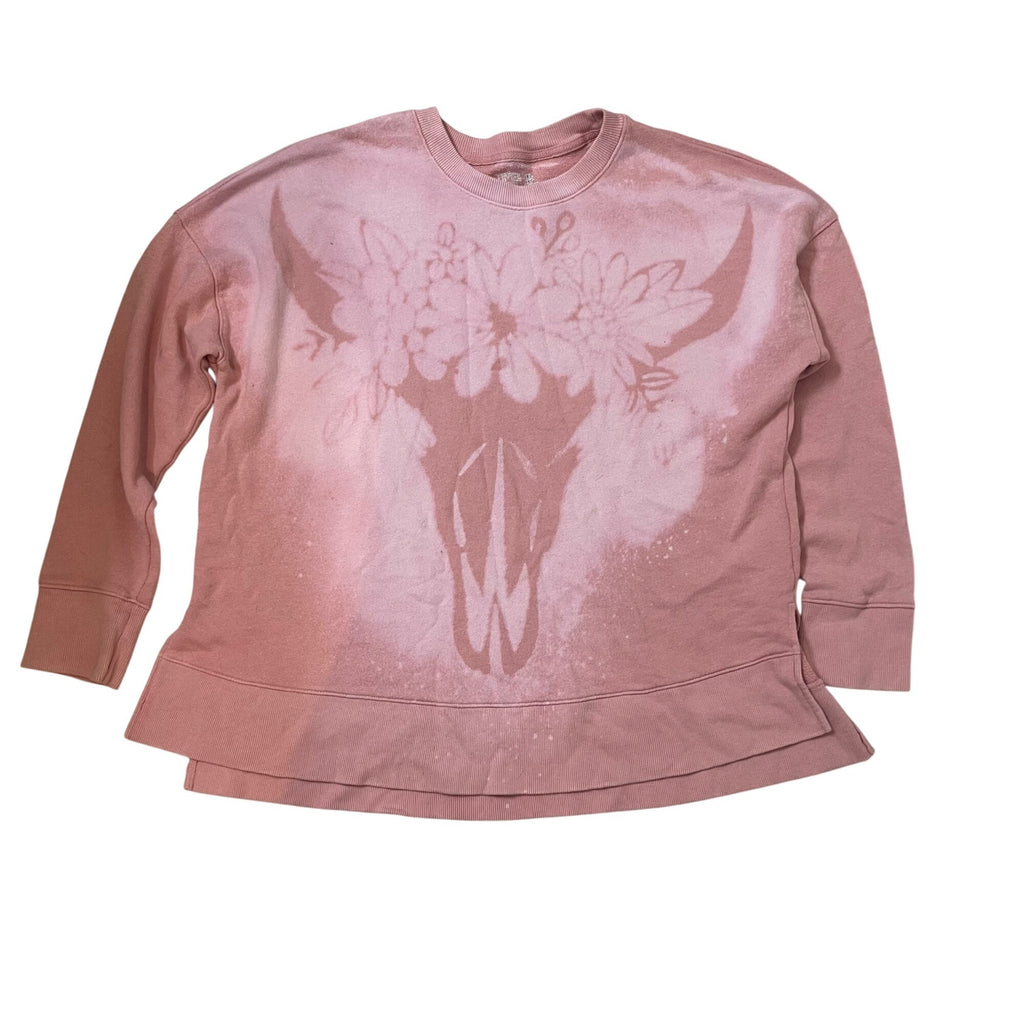 Bleach Painted Cow Skull and Flower Crown Sweatshirt Women's XL