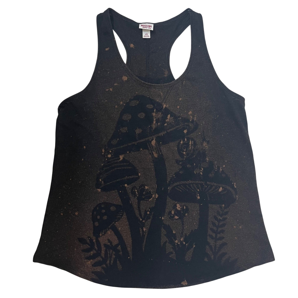 Mushroom Cluster Bleach Painted Black Women's Tank Top Large