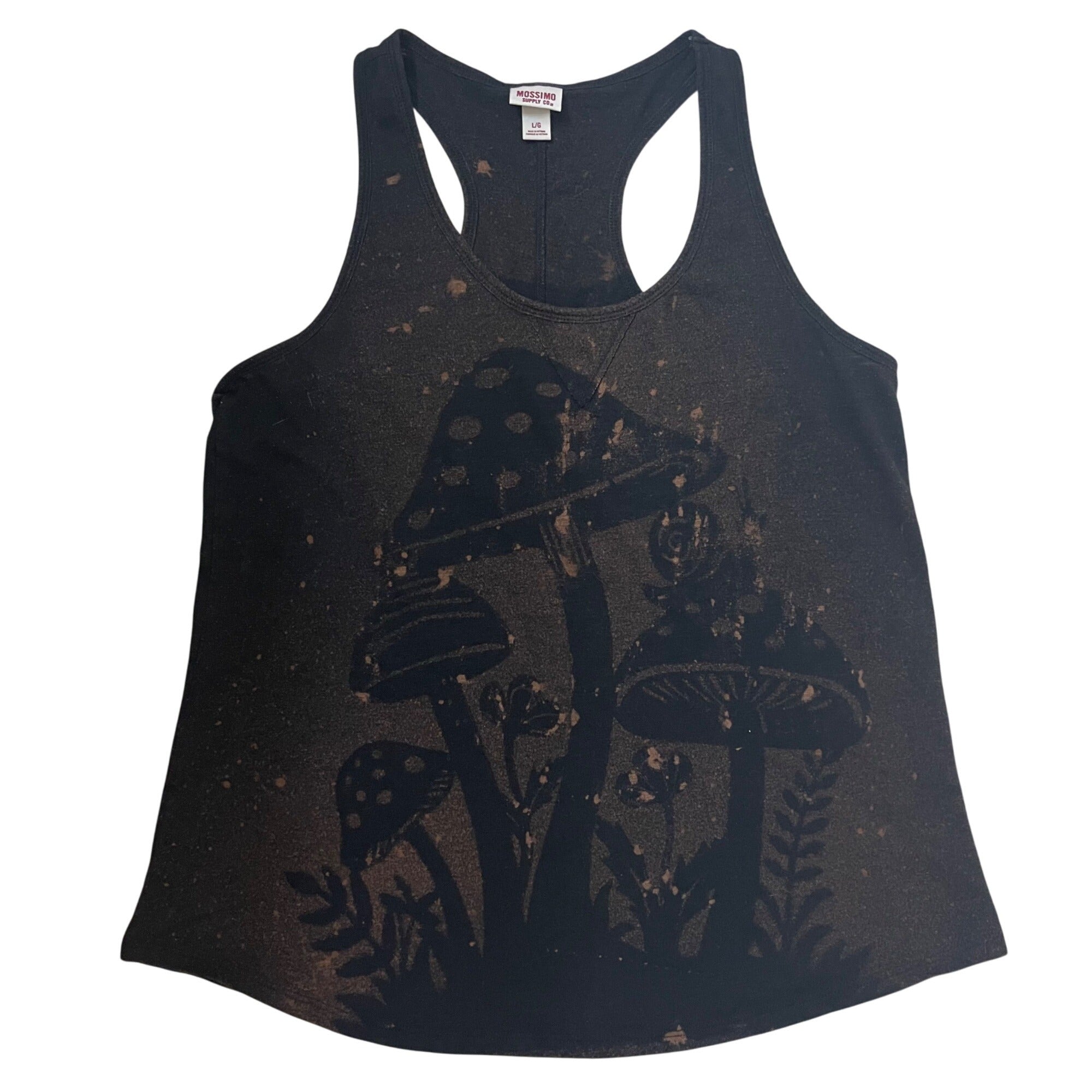 Mushroom Cluster Bleach Painted Black Women's Tank Top Large