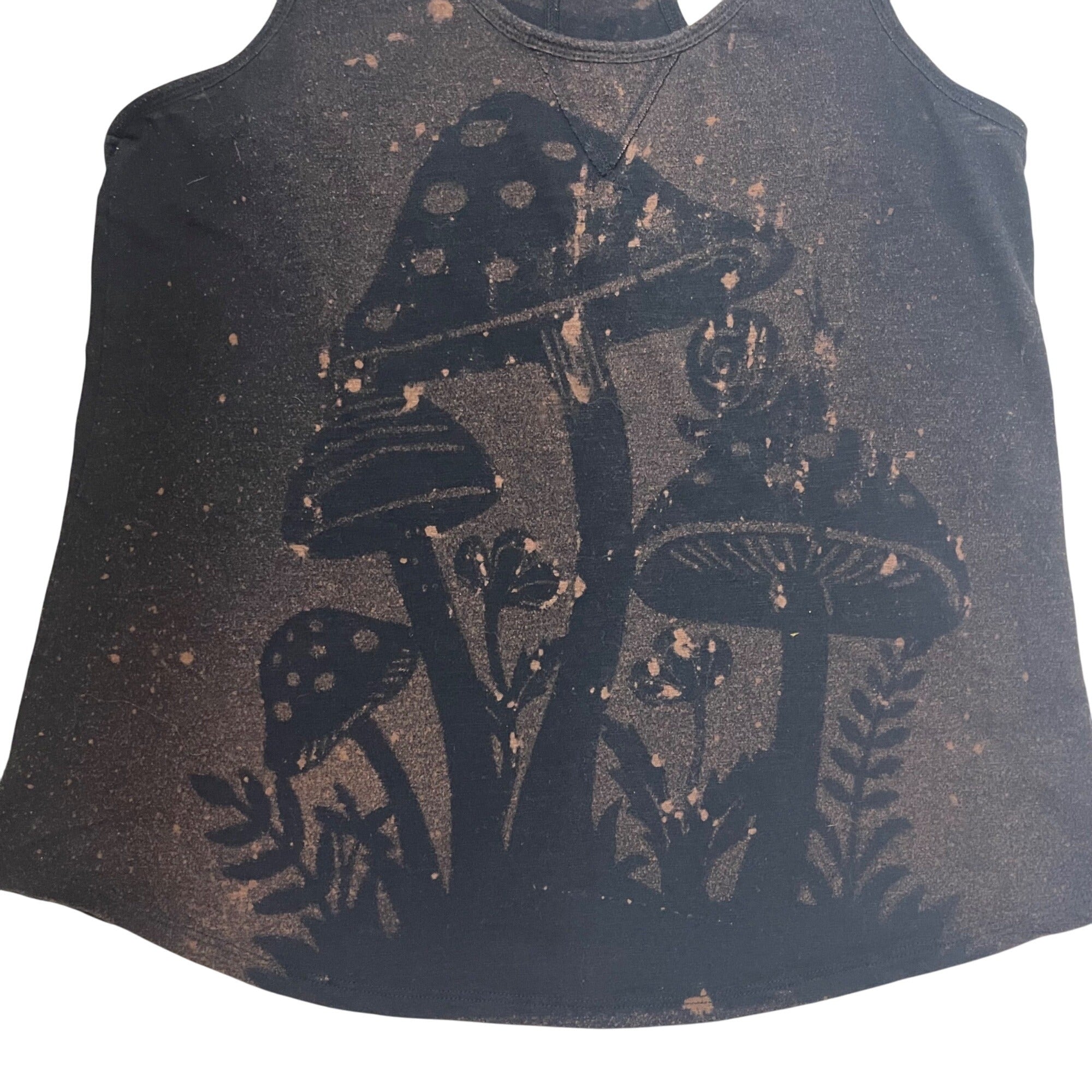 Mushroom Cluster Bleach Painted Black Women's Tank Top Large
